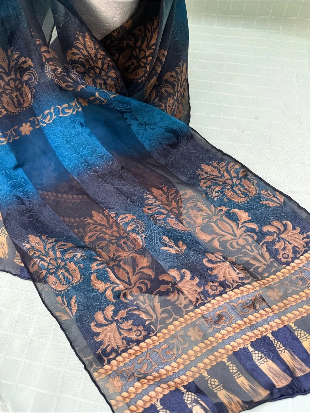 Elegant vintage Blue/Black and Gold Floral Sheer Silk Scarf
